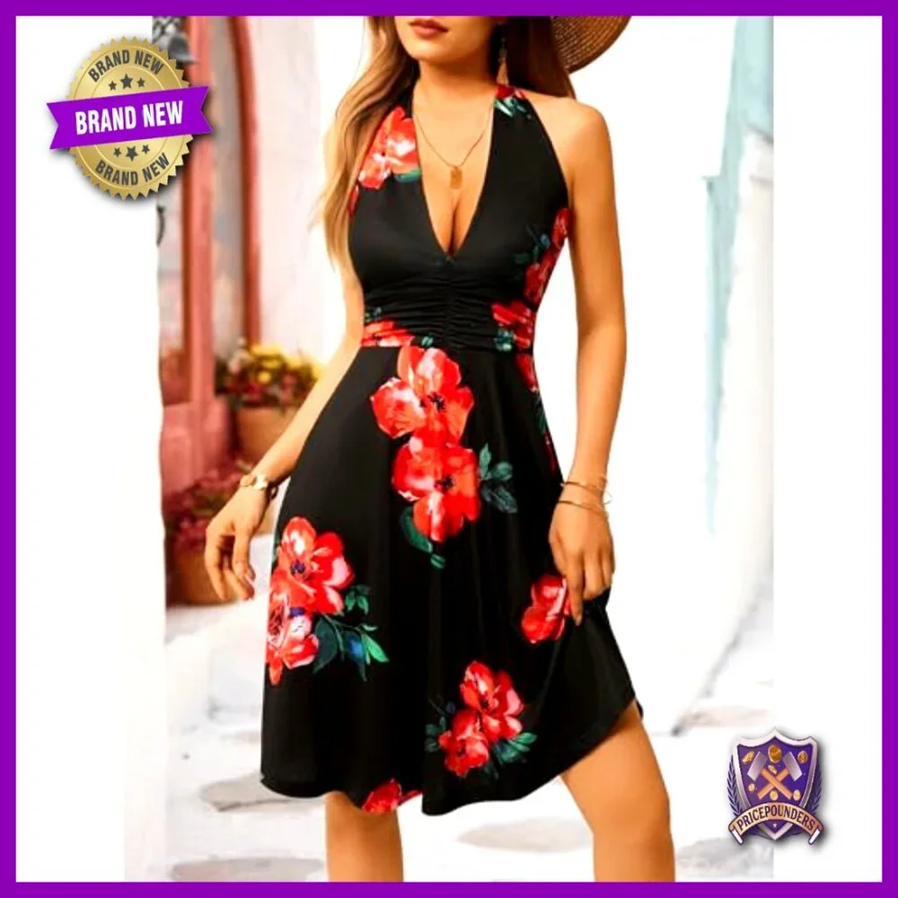 Sleeveless Halter Sundress with Pocket Elastic Waist Ruffle Mini Dress - Picture 2 of 7